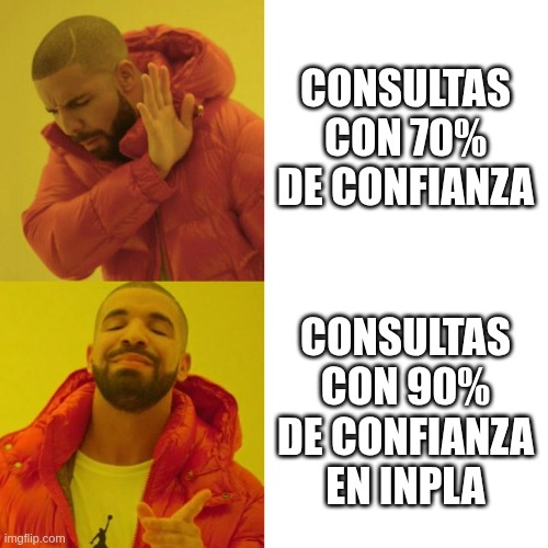 Meme de Drake diciendo "no" a "Consultas con 70% de confianza" y "sí" a "Consultas con 90% de confianza en Inpla".
