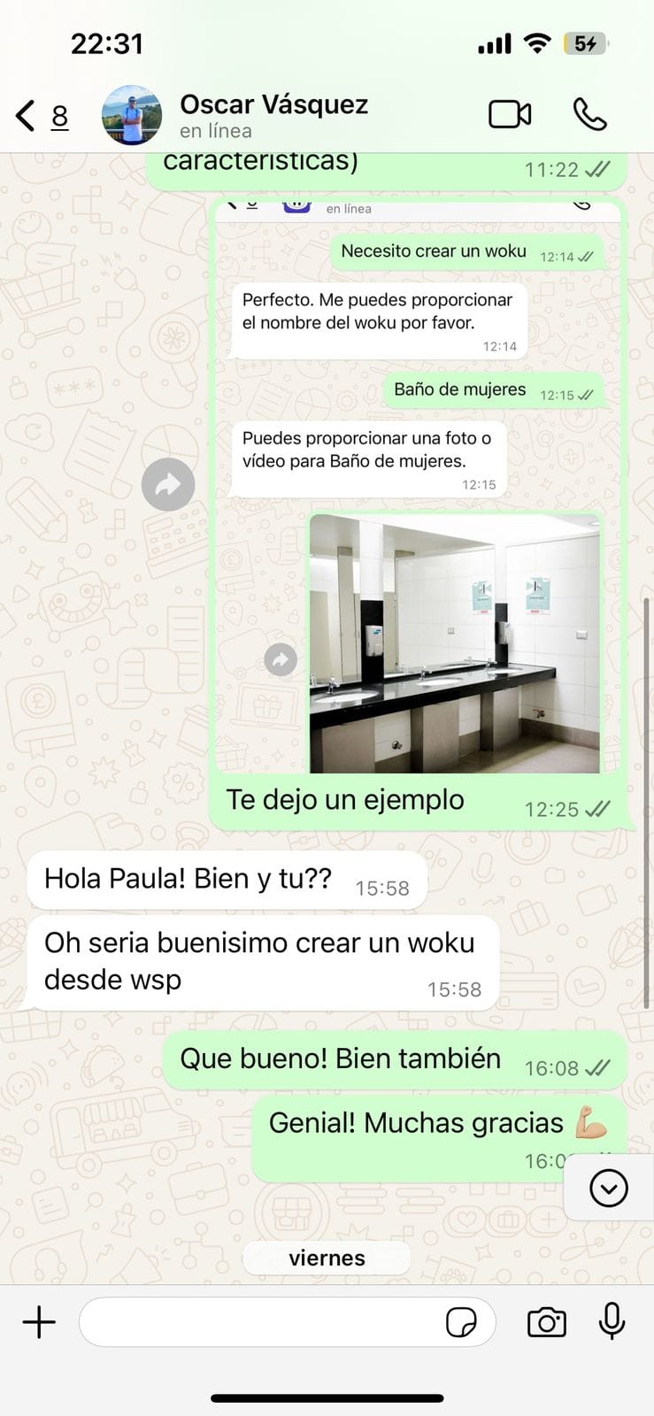 Image of the conversation by WhatsApp with the first customer interested in creating a woku by whatsapp.