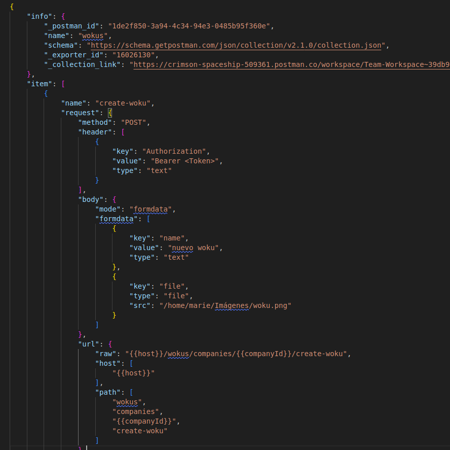 json code of the documentation I exported from Postman for woku.