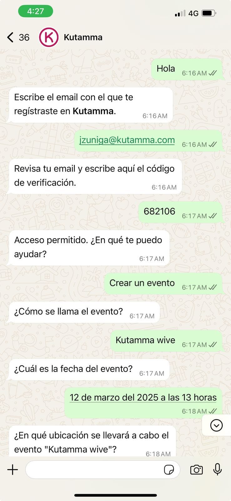 Image of the WhatsApp conversation of a Kutamma authentication using Inpla.